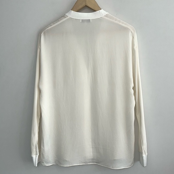 VINCE V-Neck Rib Trim Silk Blouse in Off White - Picture 8 of 13